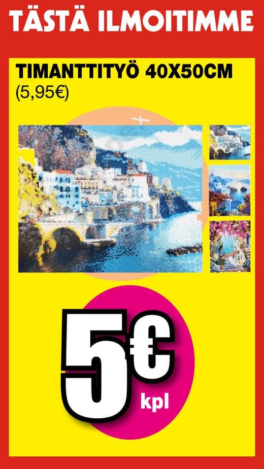 Bright finnish advertisement poster announcing a 40x50 cm print ('timantti tyÖ') with coastal town collage and a prominent 5€ price. | säästötalo latvala